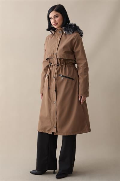 Cebi Fermuarlı Deri Detay İçi Kürklü Kaban - Taba