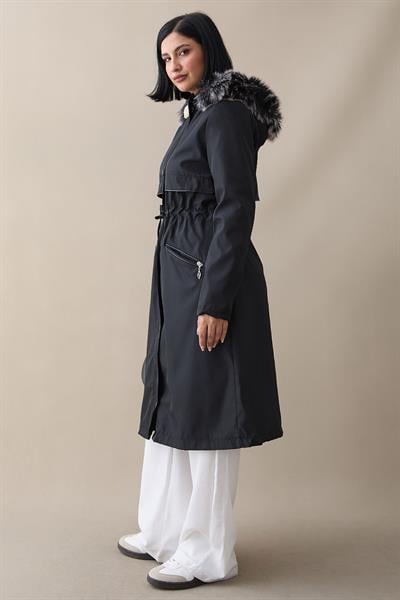 Cebi Fermuarlı Deri Detay İçi Kürklü Kaban - Siyah