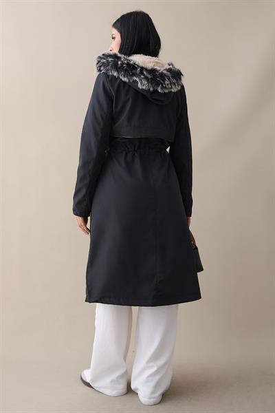 Cebi Fermuarlı Deri Detay İçi Kürklü Kaban - Siyah