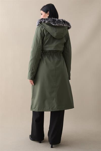 Cebi Fermuarlı Deri Detay İçi Kürklü Kaban - Haki