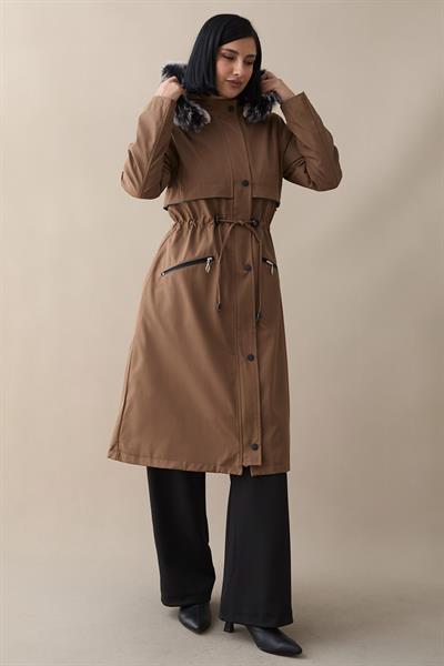 Cebi Fermuarlı Deri Detay İçi Kürklü Kaban - Taba