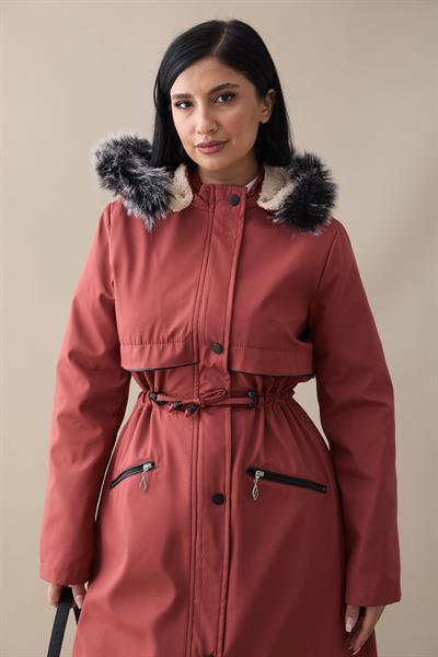 Cebi Fermuarlı Deri Detay İçi Kürklü Kaban - Kiremit