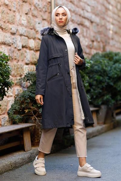 Cebi Fermuarlı Deri Detay İçi Kürklü Kaban - Lacivert