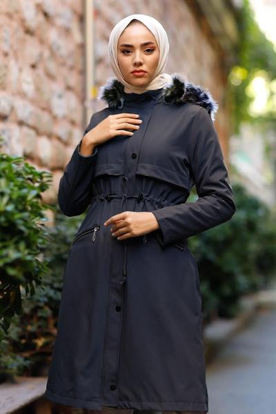 Cebi Fermuarlı Deri Detay İçi Kürklü Kaban - Lacivert