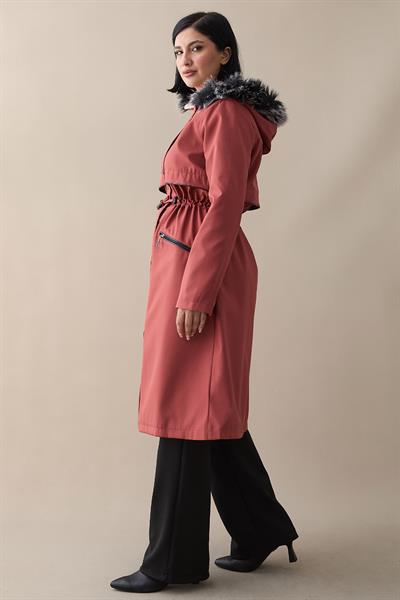 Cebi Fermuarlı Deri Detay İçi Kürklü Kaban - Kiremit