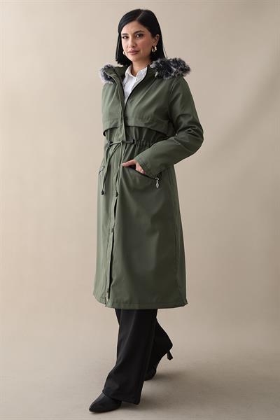 Cebi Fermuarlı Deri Detay İçi Kürklü Kaban - Haki