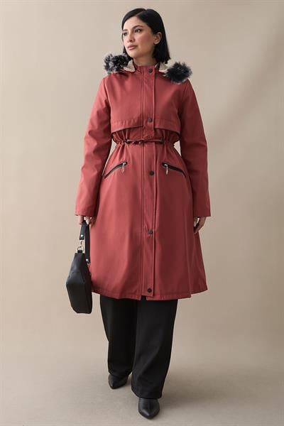 Cebi Fermuarlı Deri Detay İçi Kürklü Kaban - Kiremit