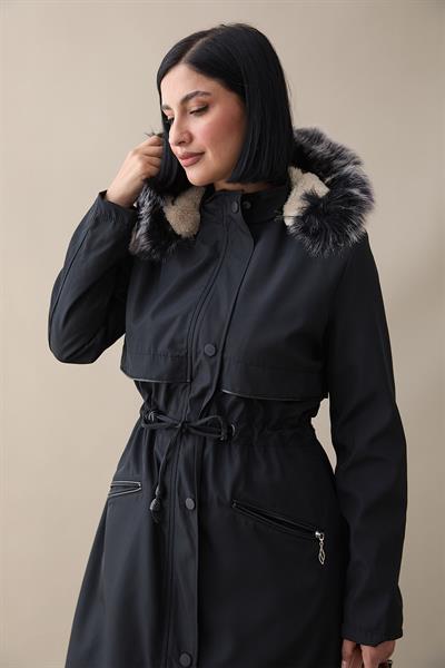 Cebi Fermuarlı Deri Detay İçi Kürklü Kaban - Siyah