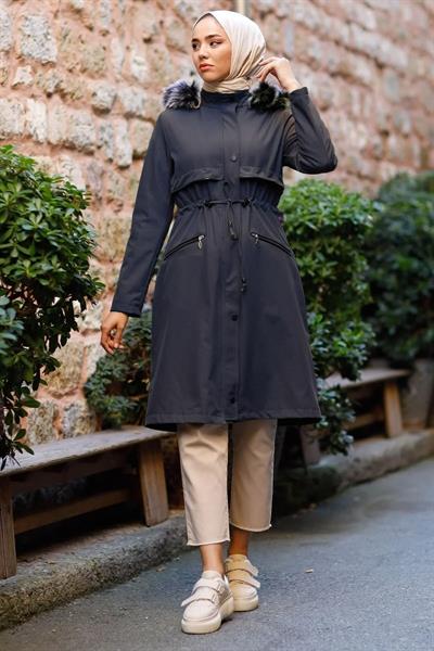 Cebi Fermuarlı Deri Detay İçi Kürklü Kaban - Lacivert