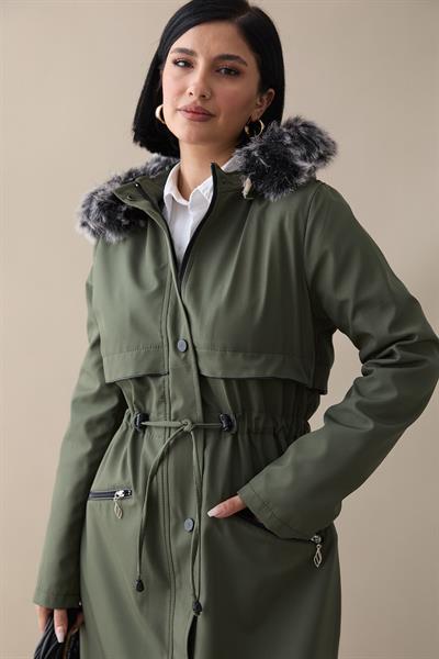 Cebi Fermuarlı Deri Detay İçi Kürklü Kaban - Haki