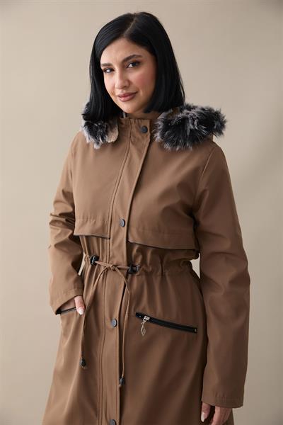 Cebi Fermuarlı Deri Detay İçi Kürklü Kaban - Taba