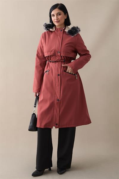 Cebi Fermuarlı Deri Detay İçi Kürklü Kaban - Kiremit