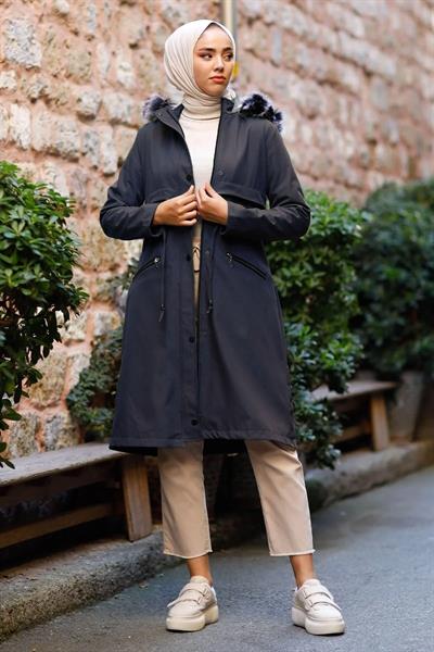 Cebi Fermuarlı Deri Detay İçi Kürklü Kaban - Lacivert