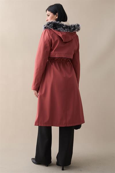 Cebi Fermuarlı Deri Detay İçi Kürklü Kaban - Kiremit