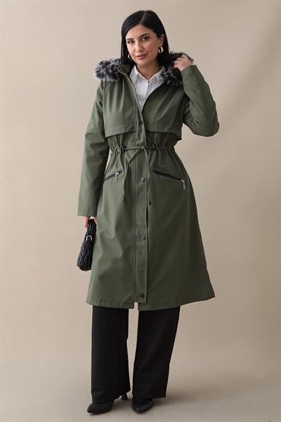 Cebi Fermuarlı Deri Detay İçi Kürklü Kaban - Haki