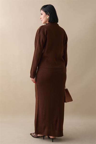 Ceketli Elbiseli Acı Kahve Triko Takım