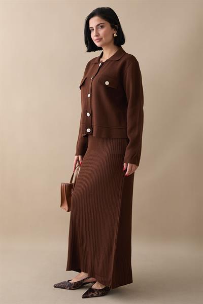 Ceketli Elbiseli Acı Kahve Triko Takım