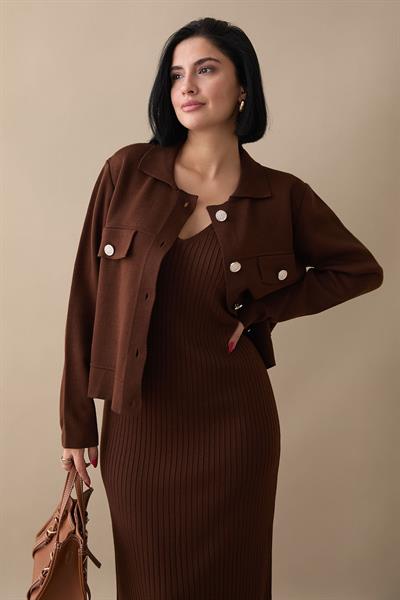 Ceketli Elbiseli Acı Kahve Triko Takım