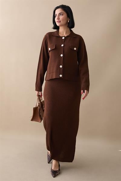Ceketli Elbiseli Acı Kahve Triko Takım