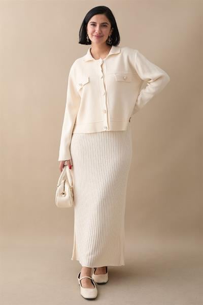 Ceketli Elbiseli Bej Triko Takım