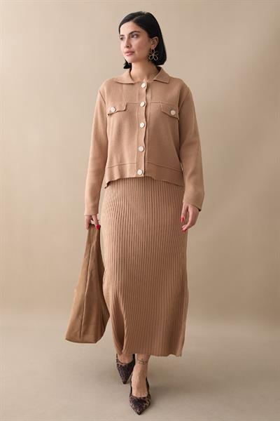 Ceketli Elbiseli Camel Triko Takım