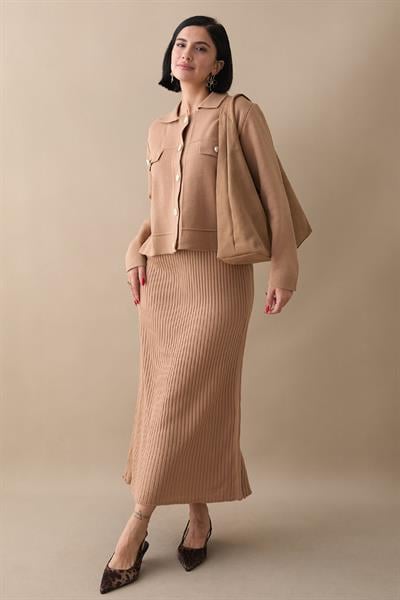 Ceketli Elbiseli Camel Triko Takım