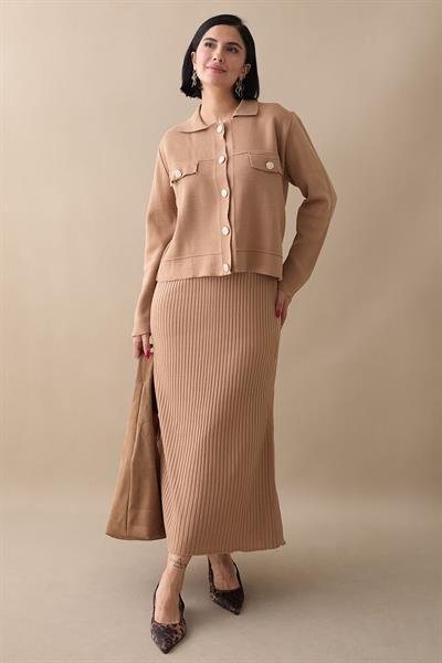 Ceketli Elbiseli Camel Triko Takım