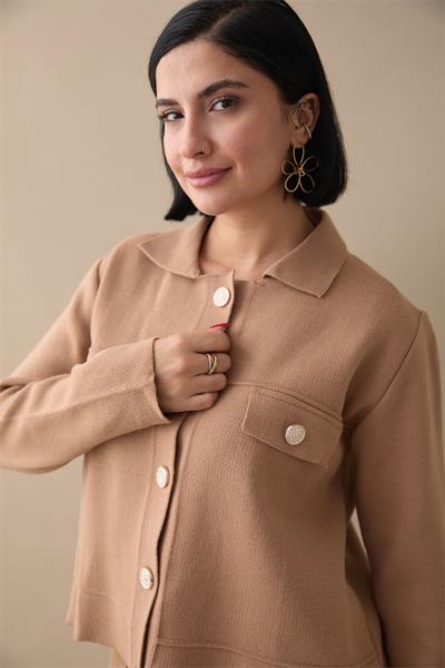 Ceketli Elbiseli Camel Triko Takım