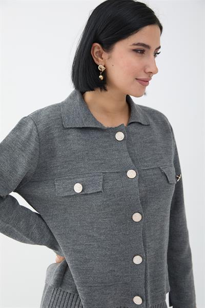 Ceketli Elbiseli Gri Triko Takım