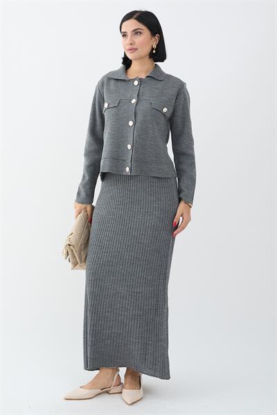 Ceketli Elbiseli Gri Triko Takım