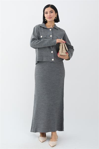 Ceketli Elbiseli Gri Triko Takım