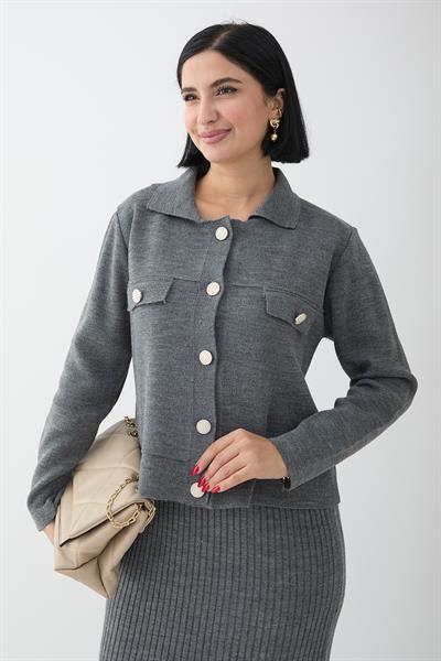 Ceketli Elbiseli Gri Triko Takım