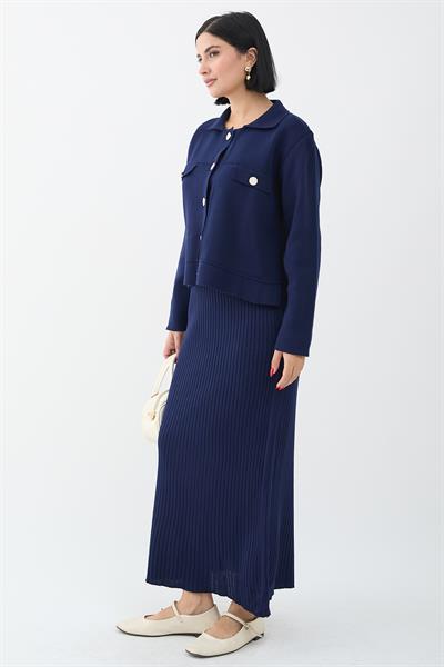 Ceketli Elbiseli Lacivert Triko Takım