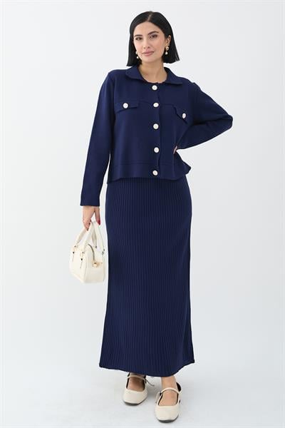 Ceketli Elbiseli Lacivert Triko Takım