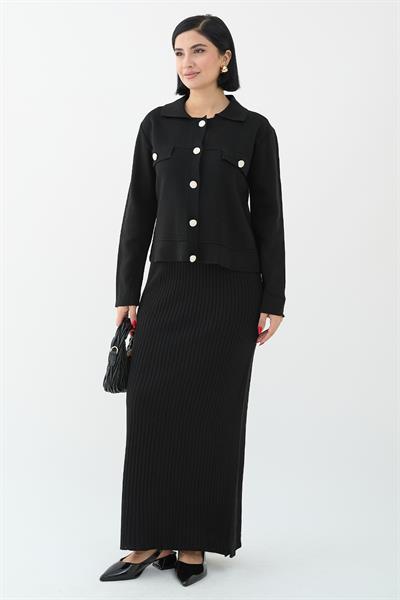 Ceketli Elbiseli Siyah Triko Takım