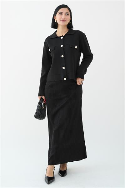 Ceketli Elbiseli Siyah Triko Takım