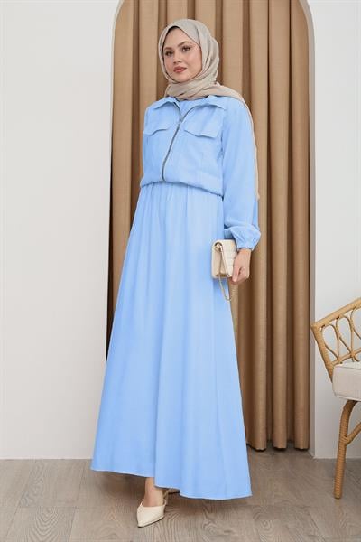 Ceketli Fermuarlı Elbise Bebe Mavisi