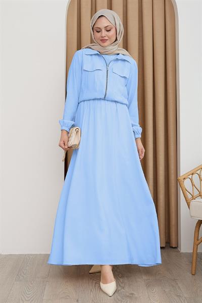 Ceketli Fermuarlı Elbise Bebe Mavisi