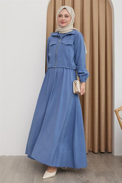 Ceketli Fermuarlı Elbise İndigo