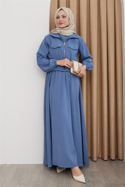 Ceketli Fermuarlı Elbise İndigo