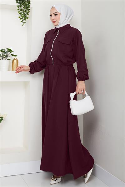 Ceketli Fermuarlı Elbise Mürdüm