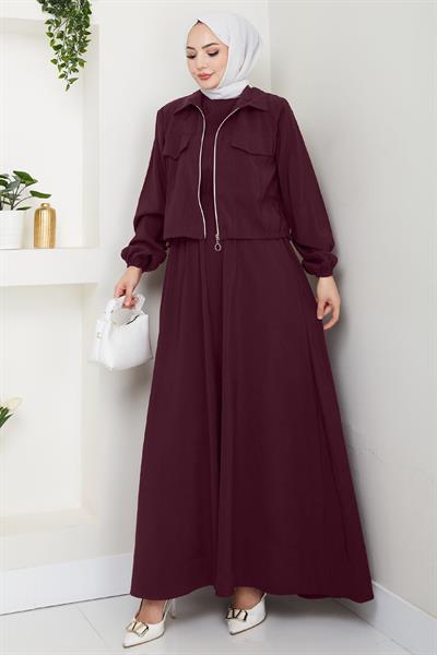 Ceketli Fermuarlı Elbise Mürdüm