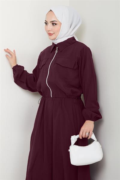 Ceketli Fermuarlı Elbise Mürdüm