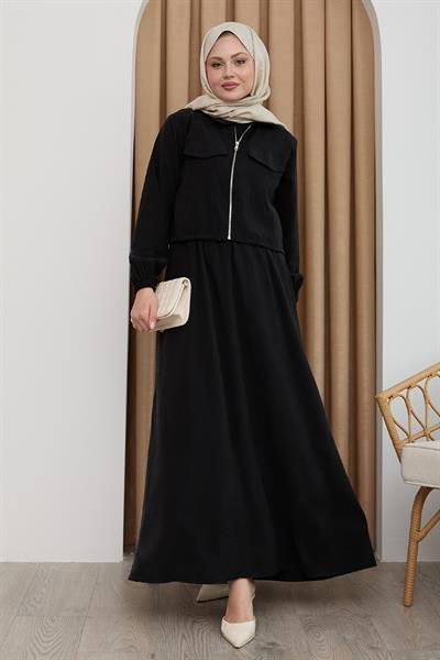 Ceketli Fermuarlı Elbise Siyah