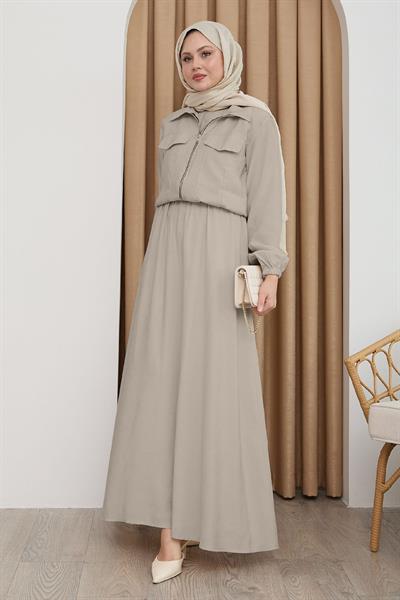 Ceketli Fermuarlı Elbise Sütlü Kahve