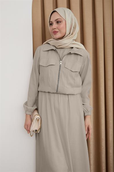 Ceketli Fermuarlı Elbise Sütlü Kahve