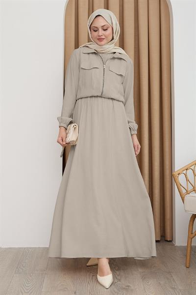 Ceketli Fermuarlı Elbise Sütlü Kahve