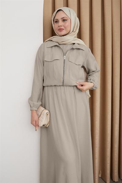 Ceketli Fermuarlı Elbise Sütlü Kahve