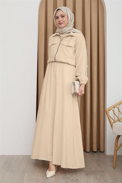 Ceketli Fermuarlı Elbise Taş