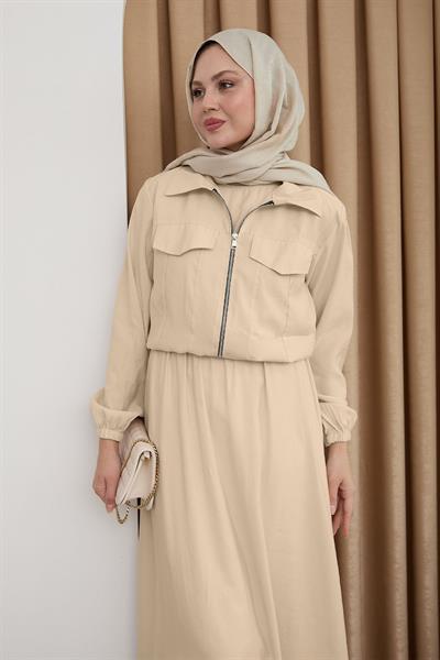 Ceketli Fermuarlı Elbise Taş